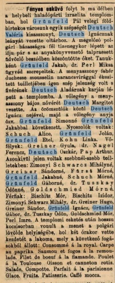 1897.június Székesfehérvár és vidéke hírlap. Grünfel (Lipót) Pál lakodalma Deutsch Valériával