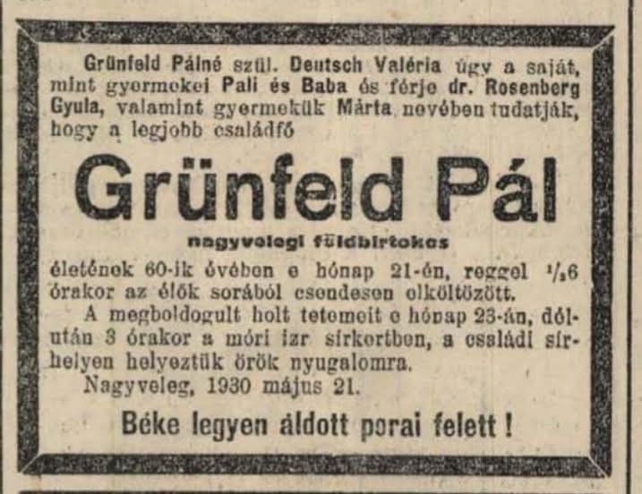 Grünfeld Lipót Pál gyászjelentése