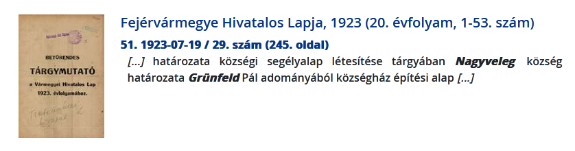 Községház építési alap Grünfeld Pál adományából